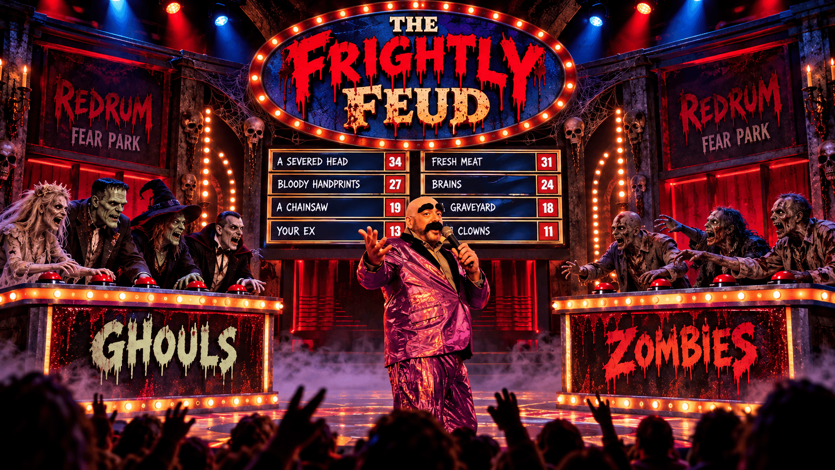Frightly Feud game show stage at Redrum Fear Park, with the host between the Ghouls and Zombies podiums