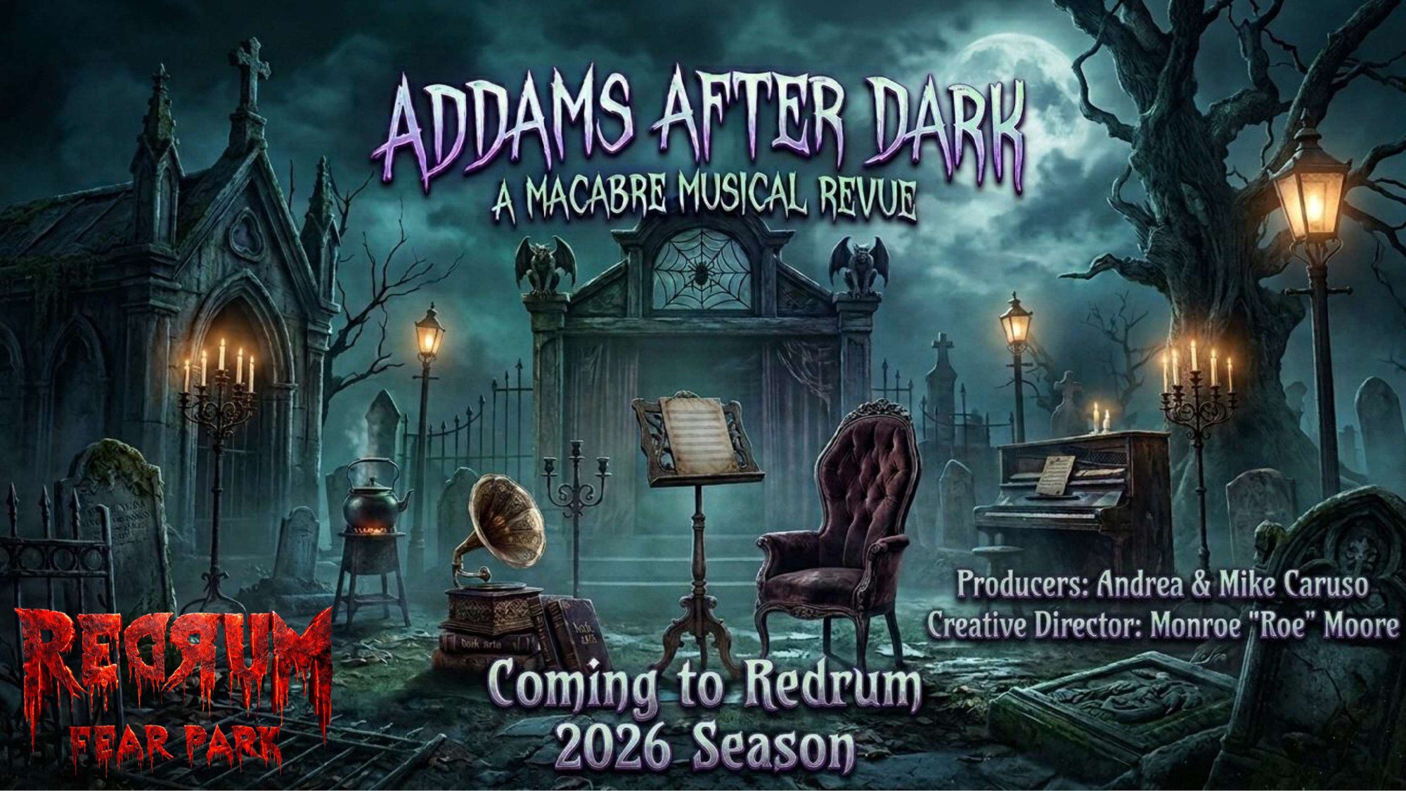 Addams After Dark, a macabre musical revue coming to Redrum Fear Park for the 2026 season